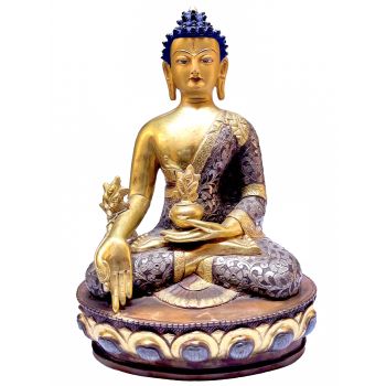 Old Stock , Nepali Statue Of Buddha, Partly Gold Plated, Painted Face , with Silver embossed
