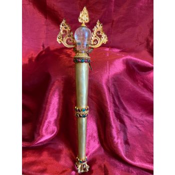 Crystal Skull Head Gold-Plated Copper Phurpa Ritual Dagger with Stone Setting