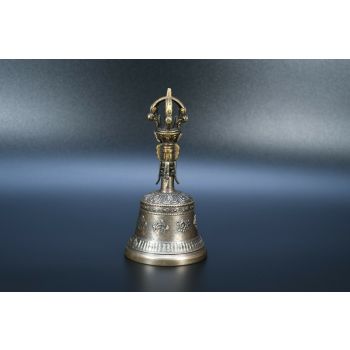 Tibetan Ashtamangala Symbol Carved 5 Pronged Bronze Dorje Vajra Bell